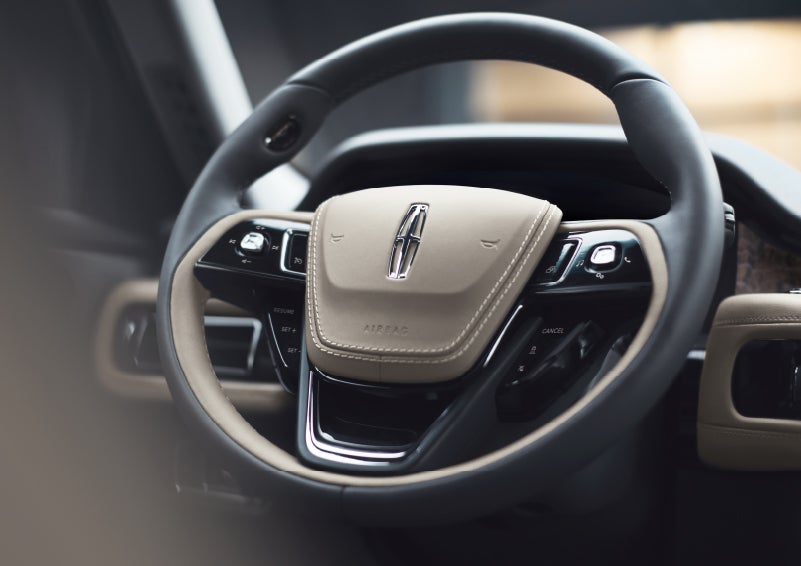 The intuitively placed controls of the steering wheel on a 2024 Lincoln Aviator® SUV | Klaben Lincoln in Kent OH