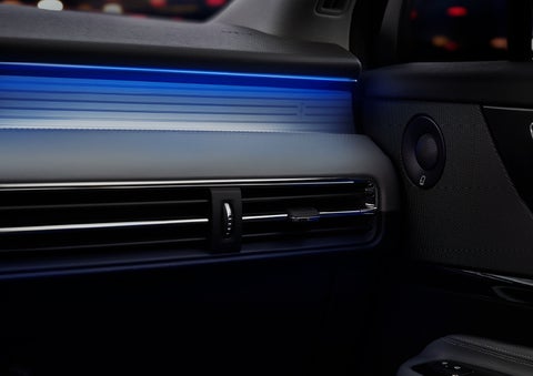 A thin available ambient blue lighting illuminates the pinstripe aluminum under an ebony dashboard, emitting a cool energy | Klaben Lincoln in Kent OH