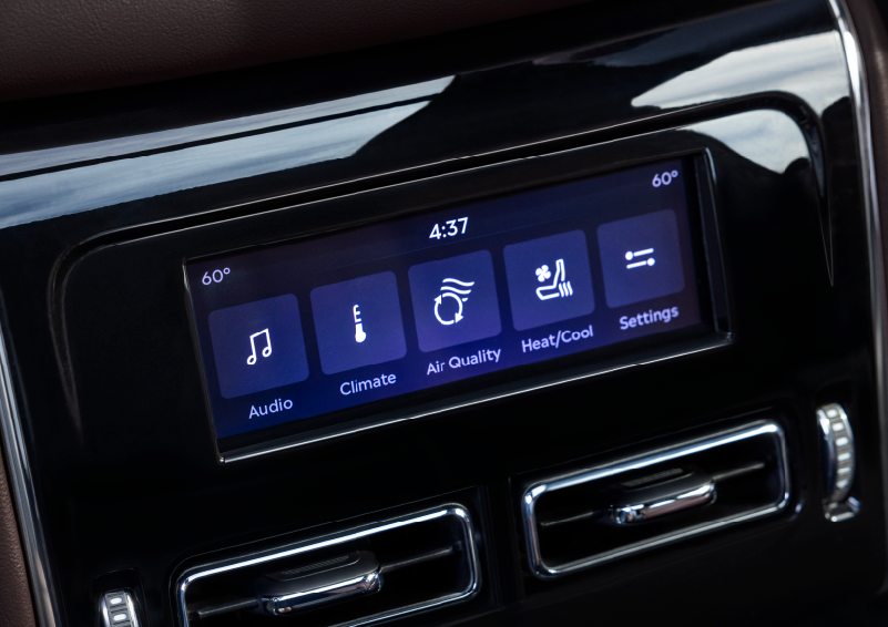Driver controls like music, temperature, air quality, settings, and heat/cool seats are shown. | Klaben Lincoln in Kent OH